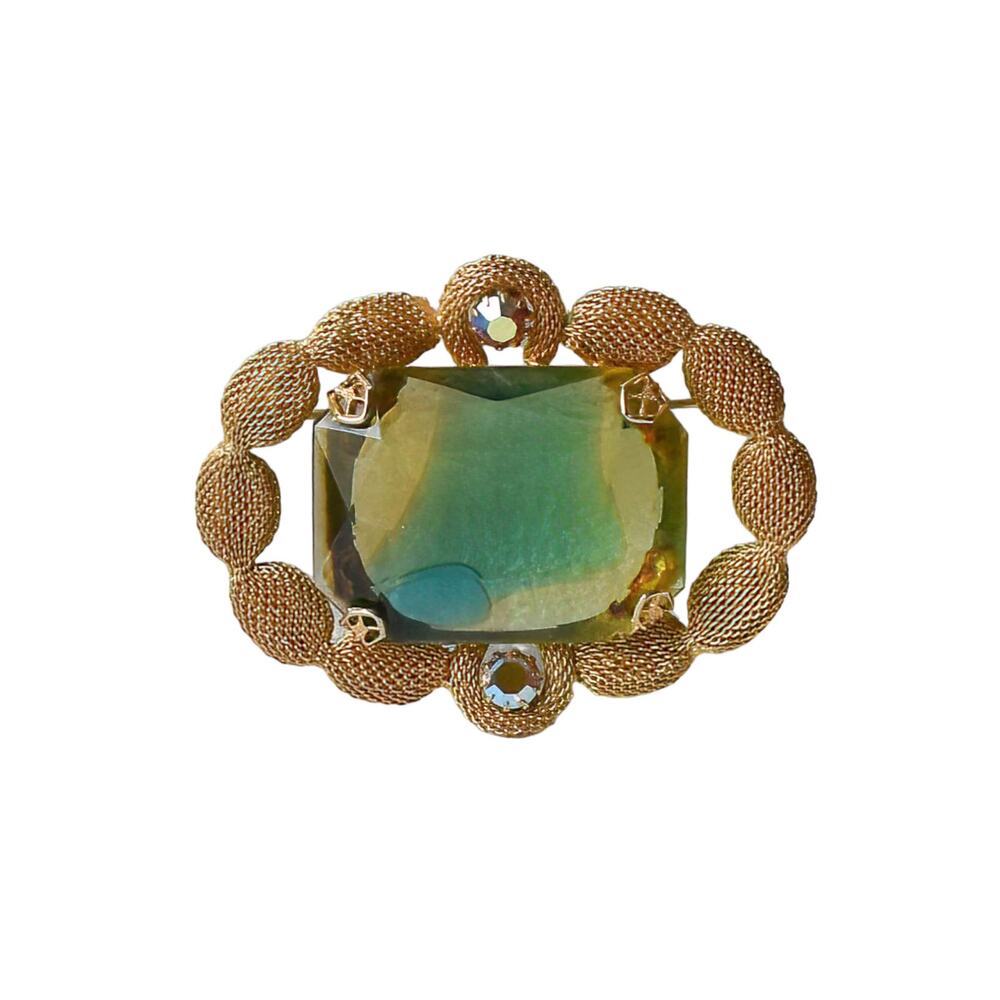 1960s Art Glass Brooch: Gold Plated Mesh, Aurora Borealis Rhinestones